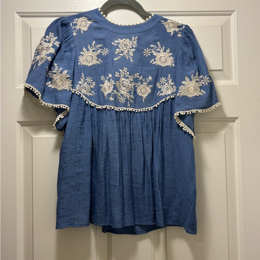 THML Blue Blouse with Cream Embroidery